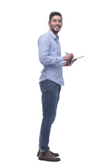 side view. young man pointing at blank in clipboard.