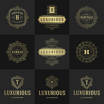 Vintage logos and monograms set elegant flourishes line art graceful ornaments victorian style vector template design