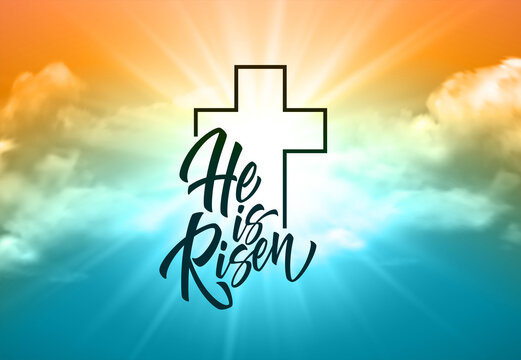 He was resurrected lettering against a background of clouds and sun. Background for congratulations on the Resurrection of Christ. Vector illustration