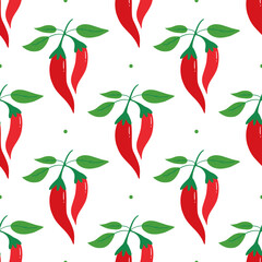 Red chili peppers branches with leaves vector seamless pattern background.
