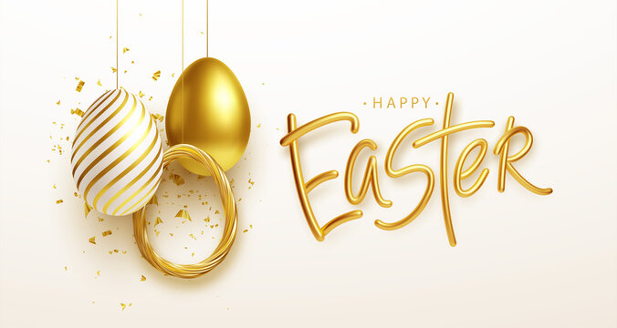 Easter greeting background with realistic golden Easter eggs. Vector illustration