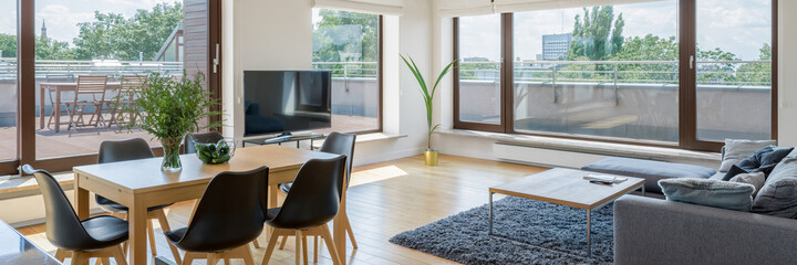 Spacious and bright living room, panorama