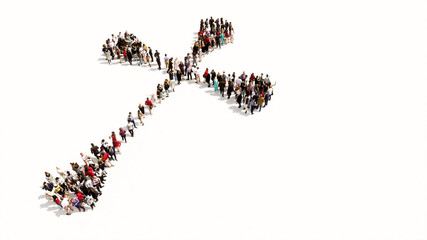 Concept or conceptual large community  of people forming the image of a religious christian cross. A 3d illustration metaphor for God, Christ, religion, spirituality, prayer, Jesus or belief