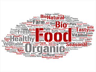 Vector concept conceptual organic food healthy bio vegetables abstract word cloud isolated background. Collage of natural, fresh tasty farm agriculture, certificate ecological garden quality crop text