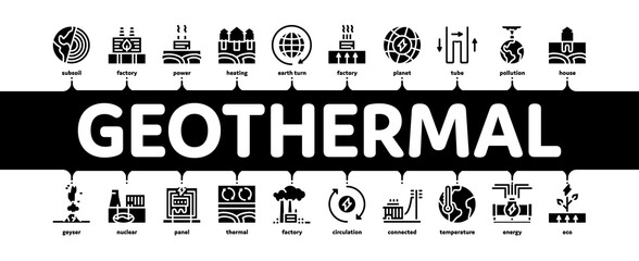 Geothermal Energy Minimal Infographic Web Banner Vector. Geothermal Electricity Factory And House Heat Equipment, Geyser And Earth Temperature Black Illustration
