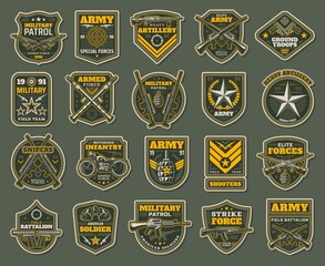 Army special forces, military specialists badges set. Artillery, snipers and infantry patrol emblems with service rifle, machine gun and rocket launcher, grenade, handgun and motorcycle vector