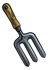 Garden fork gardening tool illustration in a vintage retro woodcut style