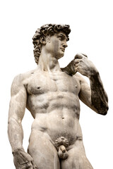 Obraz premium Statue of the David by Michelangelo Buonarroti isolated on white background, masterpiece of Renaissance sculpture in Piazza della Signoria, Florence downtown, Tuscany, Italy, Europe.