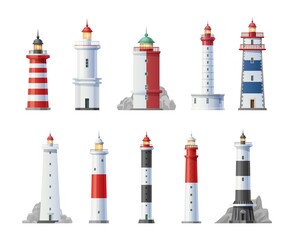 Old lighthouses towers buildings cartoon set. Sailing navigation safety signal light on shore rock, coastlines searchlight stripped tower with lantern section, entrance and balcony vector