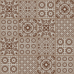 Seamless patchwork tile in brown and beige. Floral texture for wallpaper, floor surface, pattern fills. Vintage Illustration background.