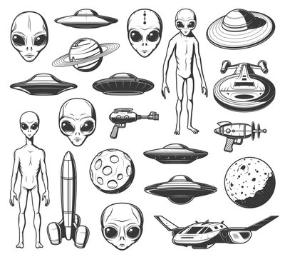 Aliens, ufo and space shuttles vector retro icons. Extraterrestrial comer with long arms, skinny body and huge eyes. Laser gun, saturn planet and spaceshipwith alien saucers in cosmos isolated labels