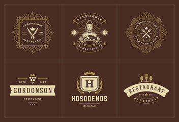 Restaurant logos templates set vector illustration good for menu labels and cafe badges