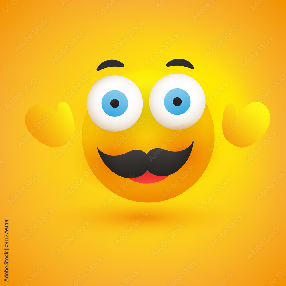 Poster smiling emoji - simple happy emoticon with pop out eyes and mustache on yellow background - vector d