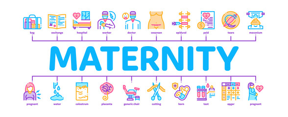 Maternity Hospital Minimal Infographic Web Banner Vector. Hospital Prenatal Ward And Generic Chair, Anesthesiologist And Obstetrician, Contractions And Placenta Color Illustration