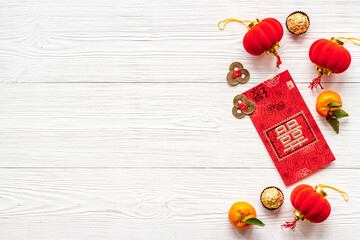 Chinese or lunar new year decorations. Chinese characters on postcard meaning double happiness