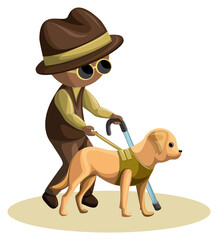 Vector image of a blind old man with a dog and a cane. Cartoon style. EPS 10