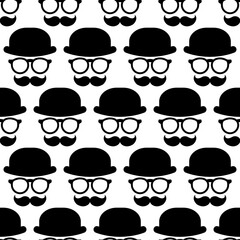 Seamless pattern with gentleman on white background. Silhouette of man's head with moustache