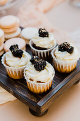 Festive blackberry and blueberry cupcakes. Copy space. Set of various delicious muffins on a tray.