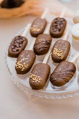 Chocolate ice cream on a stick with nuts. Soft focus, background.