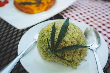 rice a mixture ofcannabis leaves, developed for health lovers in a new, licensed and legal form. Guaranteed safety, help relieve anxiety, reduce sadness. Concept Cannabis for health.