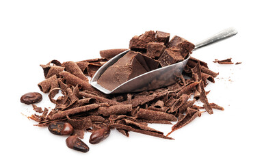 chocolate with grated nuts in a spoon on a white background