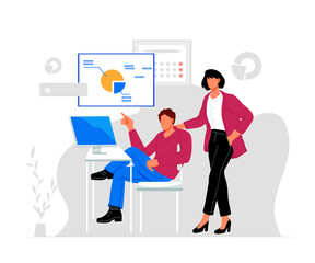 Business analytics group  studying the infographic, flat vector illustration isolated on white background. Data analysis concept with business people characters. 