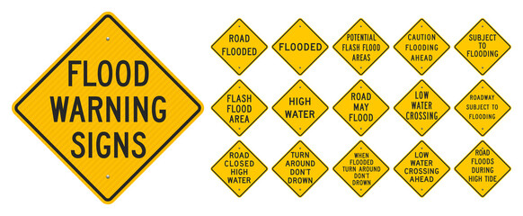 Vector illustration of the Flood Warning yellow diamond signs