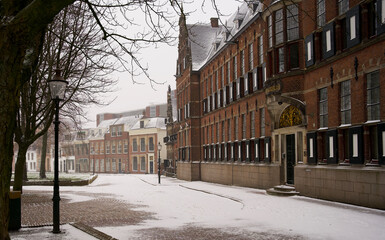 Martinikerkhof in the heart of Groningen covered with snow in winter time