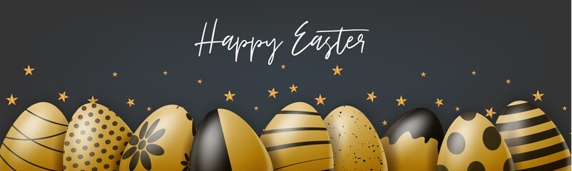 Happy Easter holiday banner or newsletter header. Golden eggs set width black ornament