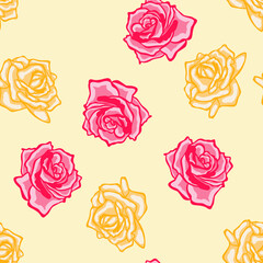 Pink and yellow roses floral seamless pattern design, flowers on pale pink background for web and print.