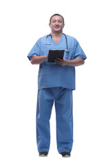 confident male doctor making notes in the clipboard.
