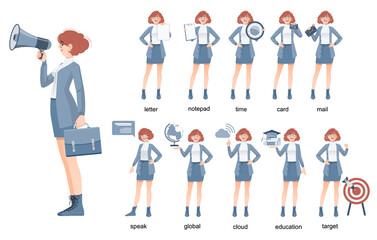 Obraz premium Business Woman character in various poses set.vector.