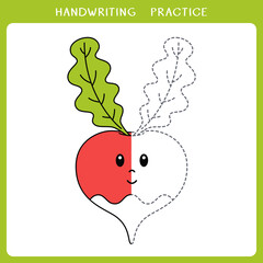Handwriting practice sheet. Simple educational game for kids. Cute radish for coloring book