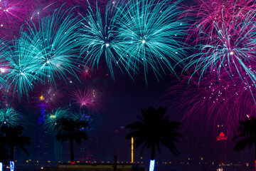 Background image with beautiful colorful firework texture background with different color of...