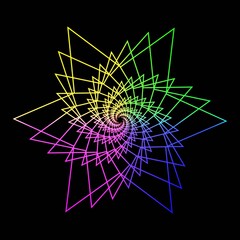 Abstract background of graphic elements - polygon after rotation in different rainbow colors on a black background - 3D illustration