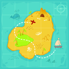Old Treasure map for game. Ancient pirate map with island. Uninhabited island. hand drawn vector illustration