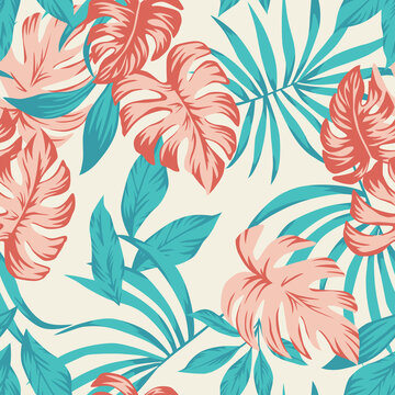 Beach cheerful seamless pattern wallpaper of vector tropical leaves of palm trees on a light yellow background