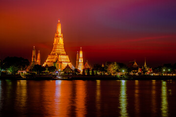 A close-up view of the background of a major tourist attraction in Bangkok of Thailand (Wat Arun Ratchawararam Ratchaworamahawihan) is a large chedi installed on the Chao Phraya River.