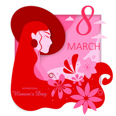 Happy women's day postcard in paper style. Bright card with flowers and a girl from March 8. Vector illustration
