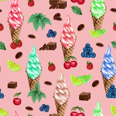 Watercolor seamless pattern fruit icecream a cone. Hand painted sweet summer dessert. Ice cream seamless background