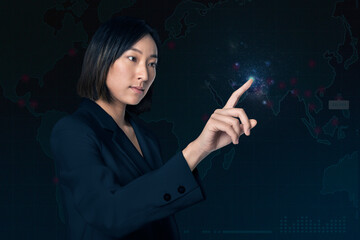 Young businesswoman  pointing on invisible screen