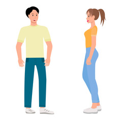 Man and woman, vector. Falling in love, first meeting, acquaintance of people. The guy and the girl look at each other. Flat