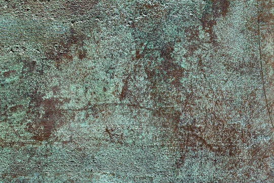 Rust patina background. High resolution image of rough green copper or brass metal steel.