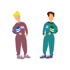 Two boy athletes in a tracksuit and sneakers, with a ball in their hands on a white background