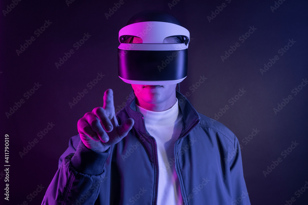Poster man with vr headset pressing on an invisible screen