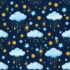 Watercolor hand painted seamless pattern of starlight night with cute clouds and stars for baby boy..