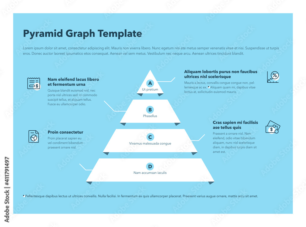 Poster Pyramid graph template with 4 colorful steps - blue version. Easy to use for your website or presentation.