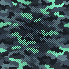 Camouflage grid seamless pattern. Abstract modern endless camo texture with square tile grid. Digital military background for fabric and fashion print template. Vector illustration. - obrazy, fototapety, plakaty