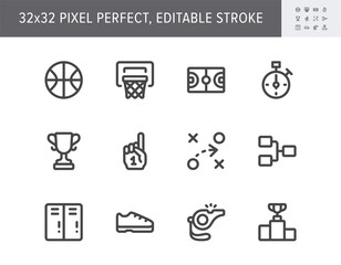 Basketball sport simple line icons. Vector illustration with minimal icon - court, whistle, goblet, foam finger, game strategy, podium, tournament grid pictogram. 32x32 Pixel Perfect Editable Stroke
