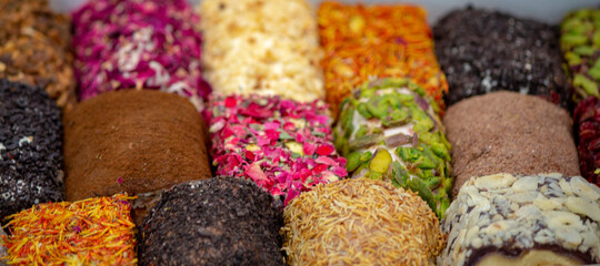 Variety of turkish delight kept for sale at a shop in turkey.
